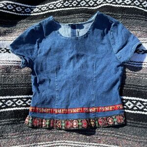 VTG Y2K JONATHAN MARTIN DENIM FLORAL RIBBON TRIM SHIRT SIZE 12 GIRLS